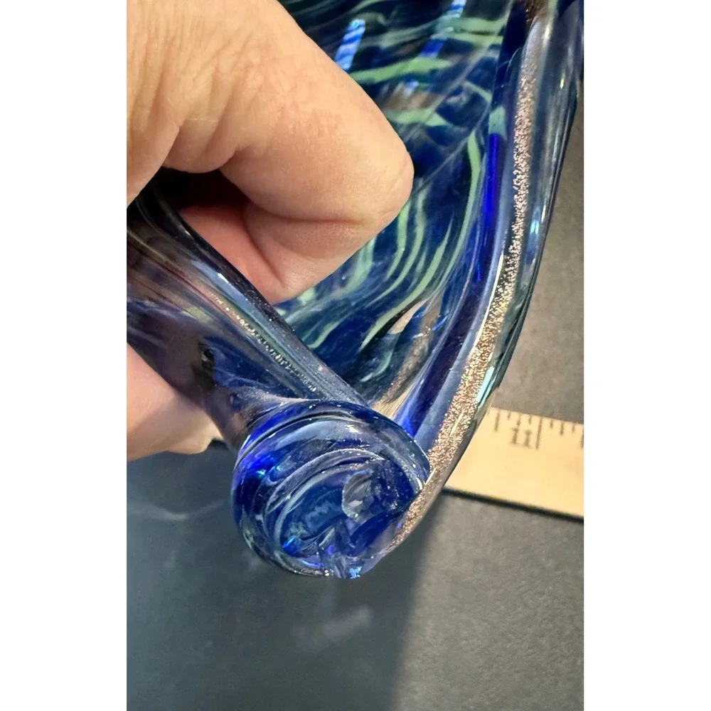 Art Glass Conch Shell Bowl Blue Green Gold Aventurine Swirl Murano Style 13